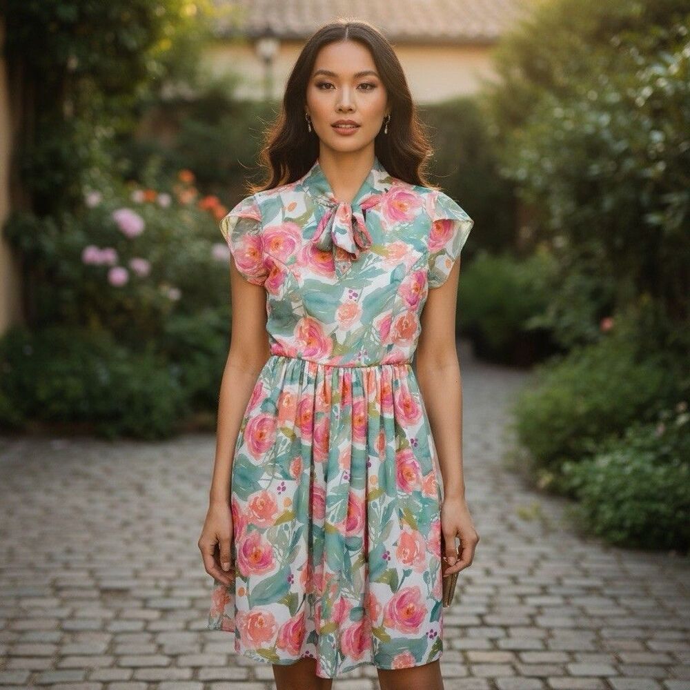 ModCloth Prim with Pizzazz Floral Tie Neck Midi Dress - Cottagecore Pastel XXS